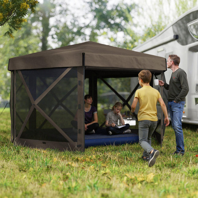 3x3 Metre Hexagon Pop Up Gazebo with Netting Waterproof - Brown