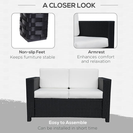2 Seater Rattan Garden Loveseat with Cushions - Black