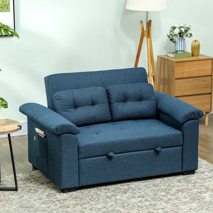 2 Seater Pull Out Sofa Bed with Pocket Springs, Pillows & Side Pockets - Blue