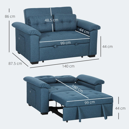 2 Seater Pull Out Sofa Bed with Pocket Springs, Pillows & Side Pockets - Blue