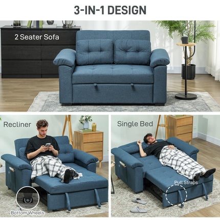 2 Seater Pull Out Sofa Bed with Pocket Springs, Pillows & Side Pockets - Blue