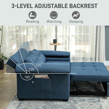 2 Seater Pull Out Sofa Bed with Pocket Springs, Pillows & Side Pockets - Blue