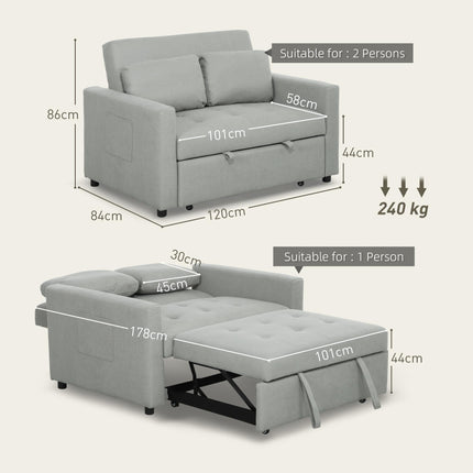 Velvet-Feel Two-Seater Sofa Bed with Adjustable Backrest - Light Grey