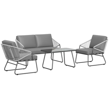 4 Piece Rattan Outdoor Sofa Set with Cushions and Glass Table - Grey