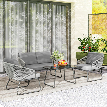 4 Piece Rattan Outdoor Sofa Set with Cushions and Glass Table - Grey