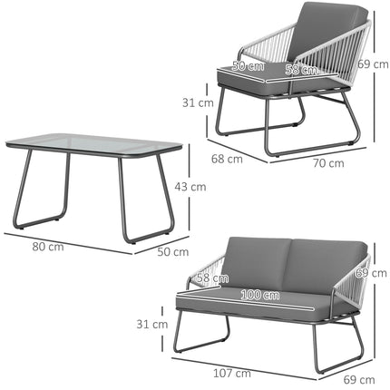4 Piece Rattan Outdoor Sofa Set with Cushions and Glass Table - Grey
