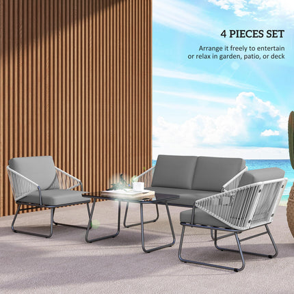 4 Piece Rattan Outdoor Sofa Set with Cushions and Glass Table - Grey