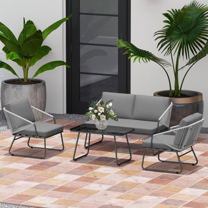 4 Piece Rattan Outdoor Sofa Set with Cushions and Glass Table - Grey