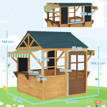 Wooden Playhouse for Kids, Foldable Wendy House with Windows, Working Door, Service Stations, Rain Covers, Brown