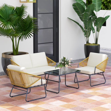 4 Piece Rattan Outdoor Sofa Set with Cushions and Table - Natural