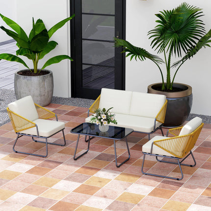 4 Piece Rattan Outdoor Sofa Set with Cushions and Table - Natural
