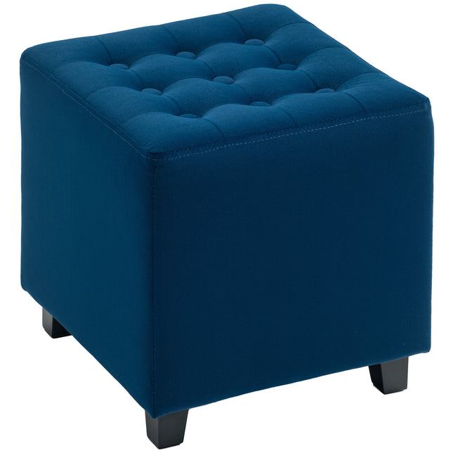 Velvet-Feel Square Ottoman 35x35cm with Button Tufting - Blue
