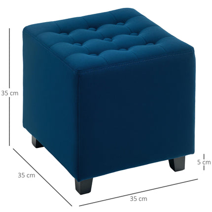 Velvet-Feel Square Ottoman 35x35cm with Button Tufting - Blue
