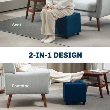 Velvet-Feel Square Ottoman 35x35cm with Button Tufting - Blue