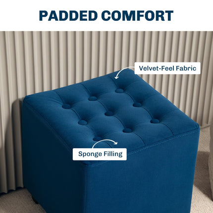 Velvet-Feel Square Ottoman 35x35cm with Button Tufting - Blue