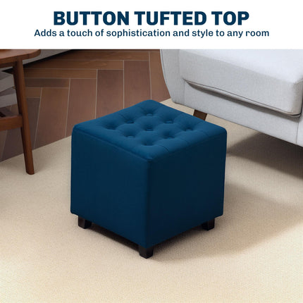 Velvet-Feel Square Ottoman 35x35cm with Button Tufting - Blue