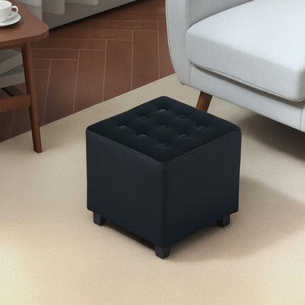 Velvet-Feel Square Ottoman 35x35cm with Button Tufting - Grey