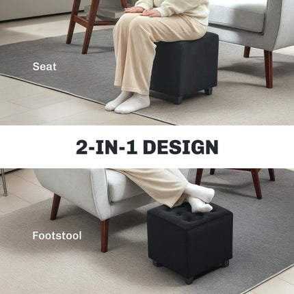 Velvet-Feel Square Ottoman 35x35cm with Button Tufting - Grey
