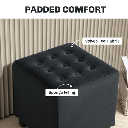 Velvet-Feel Square Ottoman 35x35cm with Button Tufting - Grey