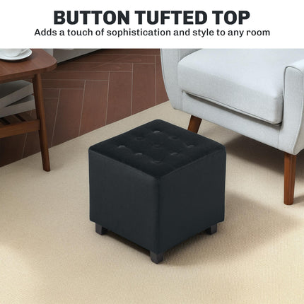 Velvet-Feel Square Ottoman 35x35cm with Button Tufting - Grey