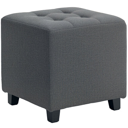 Square Small Ottoman Footstool with Side Pocket, Padded Linen Seat, Rubber Wood Legs, 35x35x35cm - Grey