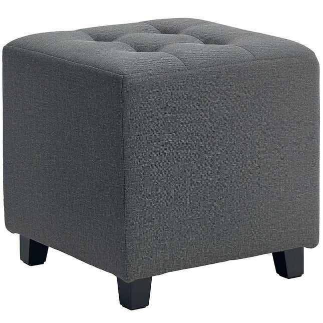 Square Small Ottoman Footstool with Side Pocket, Padded Linen Seat, Rubber Wood Legs, 35x35x35cm - Grey