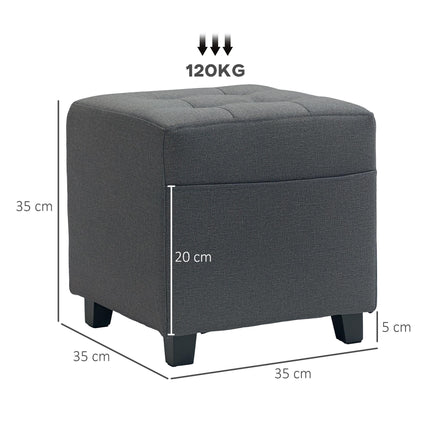 Square Small Ottoman Footstool with Side Pocket, Padded Linen Seat, Rubber Wood Legs, 35x35x35cm - Grey