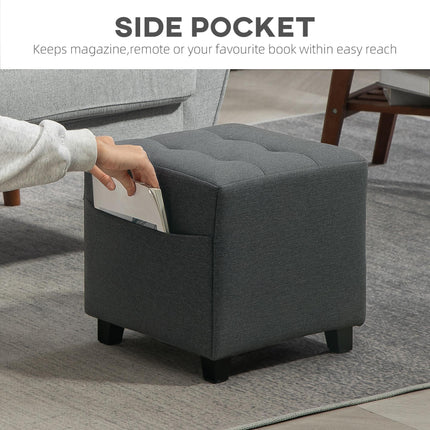 Square Small Ottoman Footstool with Side Pocket, Padded Linen Seat, Rubber Wood Legs, 35x35x35cm - Grey