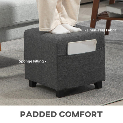 Square Small Ottoman Footstool with Side Pocket, Padded Linen Seat, Rubber Wood Legs, 35x35x35cm - Grey