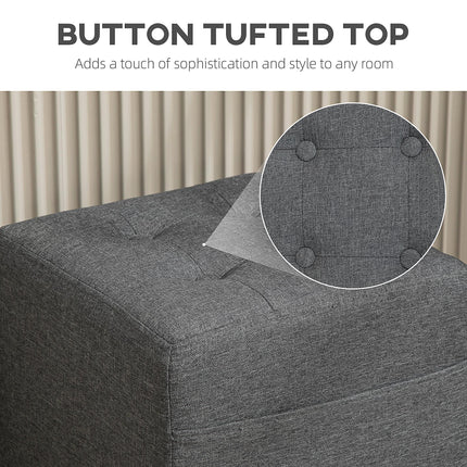 Square Small Ottoman Footstool with Side Pocket, Padded Linen Seat, Rubber Wood Legs, 35x35x35cm - Grey