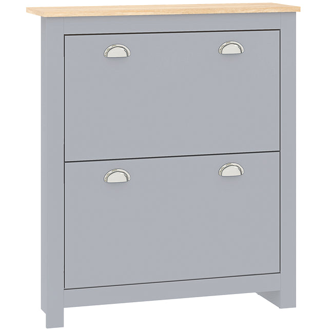 2 Drawer Shoe Cabinet Modern Narrow Shoe Cupboard Hallway Wooden Storage Organiser with Flip Doors Adjustable Shelf for 6-12 Pairs, Grey
