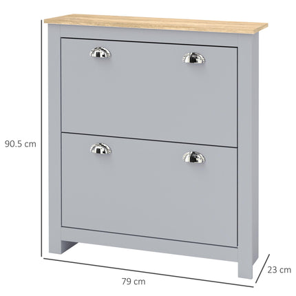 2 Drawer Shoe Cabinet Modern Narrow Shoe Cupboard Hallway Wooden Storage Organiser with Flip Doors Adjustable Shelf for 6-12 Pairs, Grey