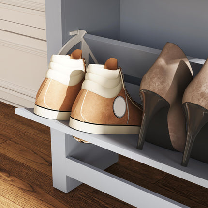 2 Drawer Shoe Cabinet Modern Narrow Shoe Cupboard Hallway Wooden Storage Organiser with Flip Doors Adjustable Shelf for 6-12 Pairs, Grey