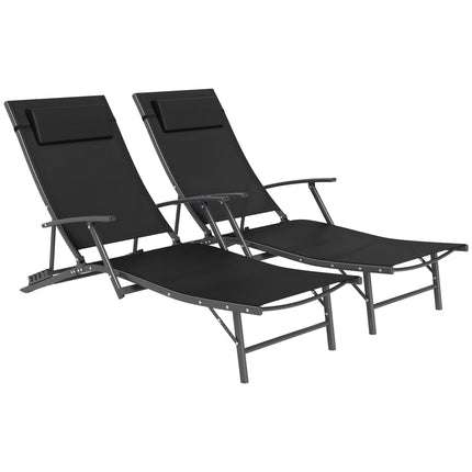 Set of 2 Adjustable Back Sun Loungers with Quick-Dry Mesh - Black