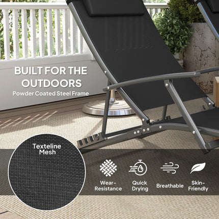 Set of 2 Adjustable Back Sun Loungers with Quick-Dry Mesh - Black