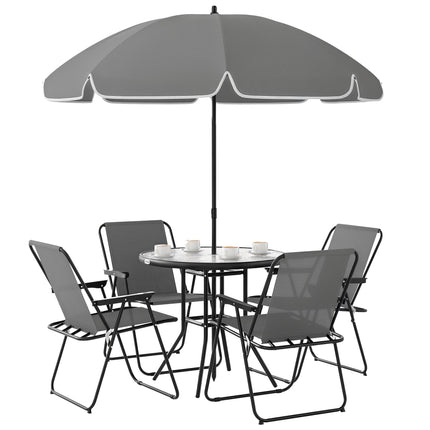 4 Seater Garden Furniture Set with 6 Pieces Table, Folding Chairs & Parasol - Grey