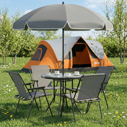 4 Seater Garden Furniture Set with 6 Pieces Table, Folding Chairs & Parasol - Grey