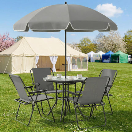 4 Seater Garden Furniture Set with 6 Pieces Table, Folding Chairs & Parasol - Grey