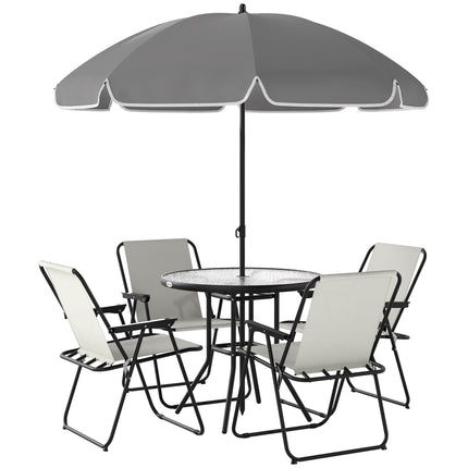 4 Seater Garden Dining Set with Parasol and Folding Chairs, Round Glass Table - Cream White