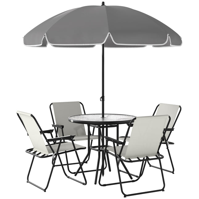 4 Seater Garden Dining Set with Parasol and Folding Chairs, Round Glass Table - Cream White