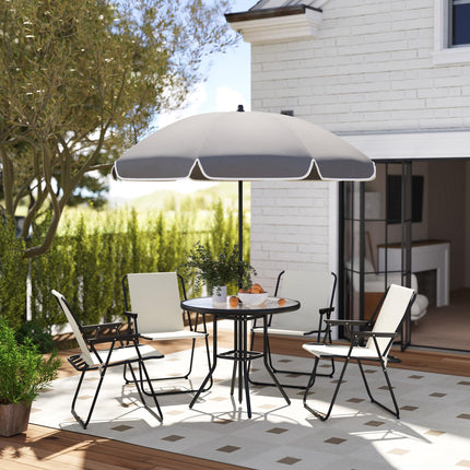 4 Seater Garden Dining Set with Parasol and Folding Chairs, Round Glass Table - Cream White