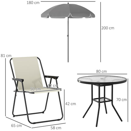 4 Seater Garden Dining Set with Parasol and Folding Chairs, Round Glass Table - Cream White