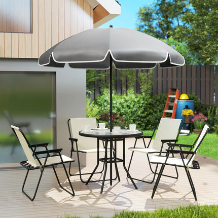 4 Seater Garden Dining Set with Parasol and Folding Chairs, Round Glass Table - Cream White