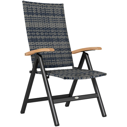 Folding Rattan Garden Dining Chair with 5-level Reclining High Back, Wood Armres
