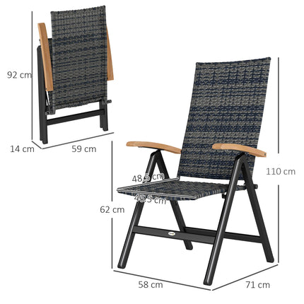 Folding Rattan Garden Dining Chair with 5-level Reclining High Back, Wood Armres