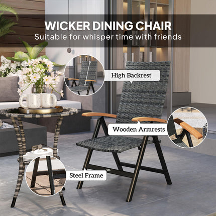 Folding Rattan Garden Dining Chair with 5-level Reclining High Back, Wood Armres