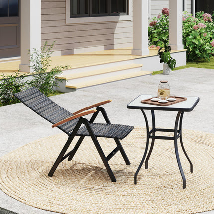 Folding Rattan Garden Dining Chair with 5-level Reclining High Back, Wood Armres