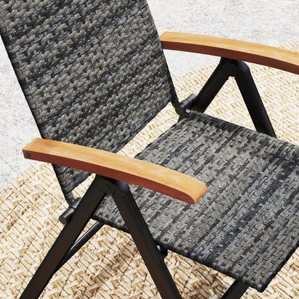 Folding Rattan Garden Dining Chair with 5-level Reclining High Back, Wood Armres