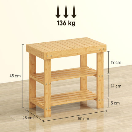 Two Shelf Bamboo Shoe Storage Bench - Natural Finish