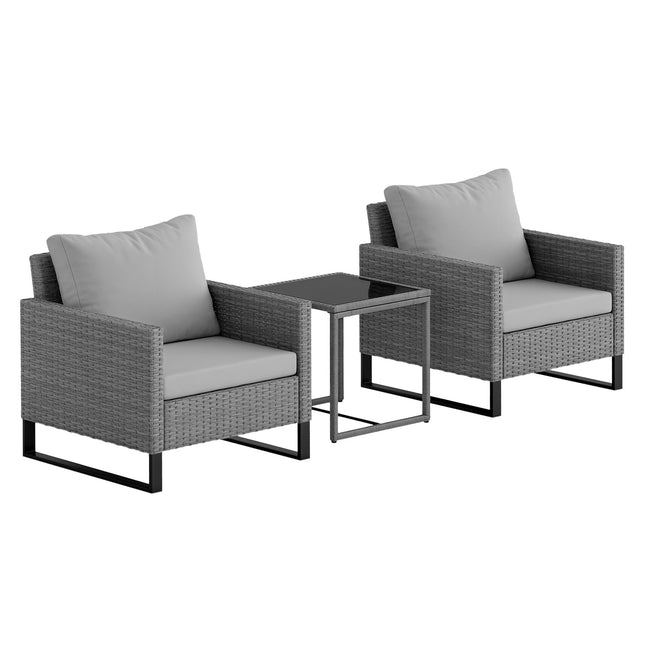 3 Piece Grey Rattan Bistro Set with Cushions and Glass Top Table